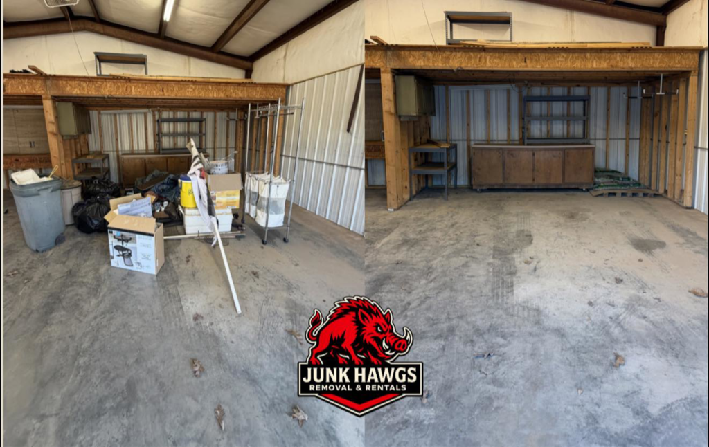 Before and after photo of a garage cleared of various junk items by Junk Hawgs Removal and Rentals in Russellville, AR.