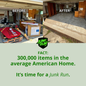 Before and after comparison of a garage cleared of junk by Junk Run 810 in Flint, MI.