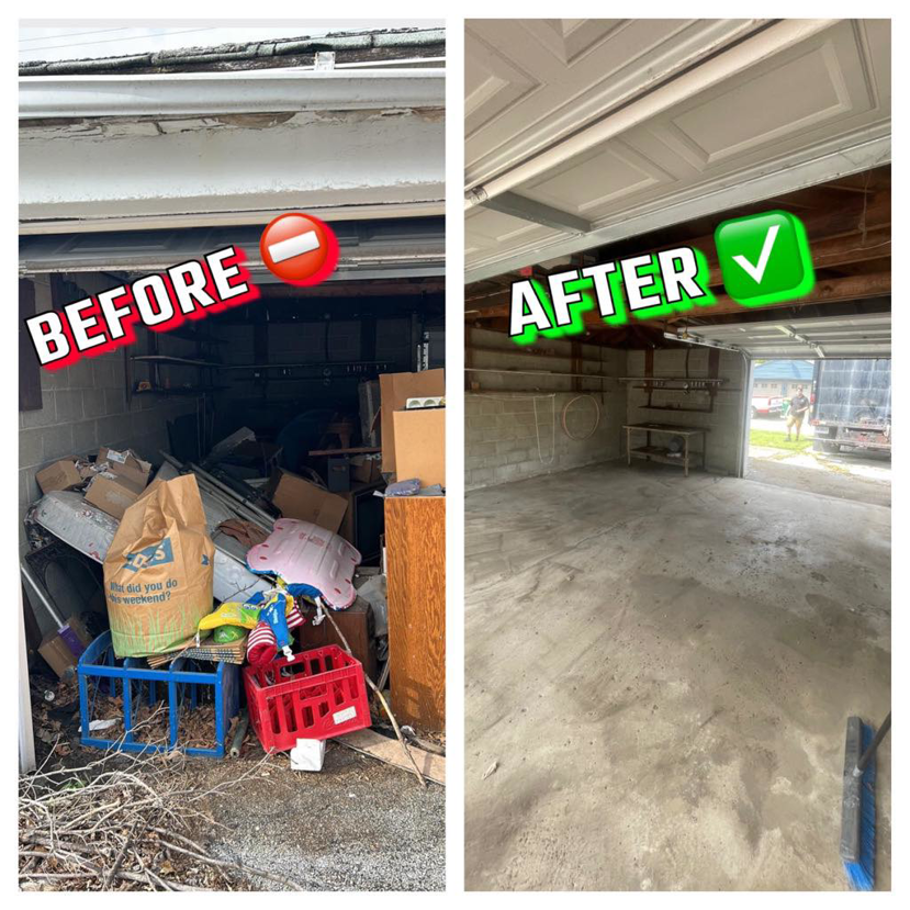 Before and after of a complete garage junk removal and cleanout service by Junkzilla in Indianapolis, IN.