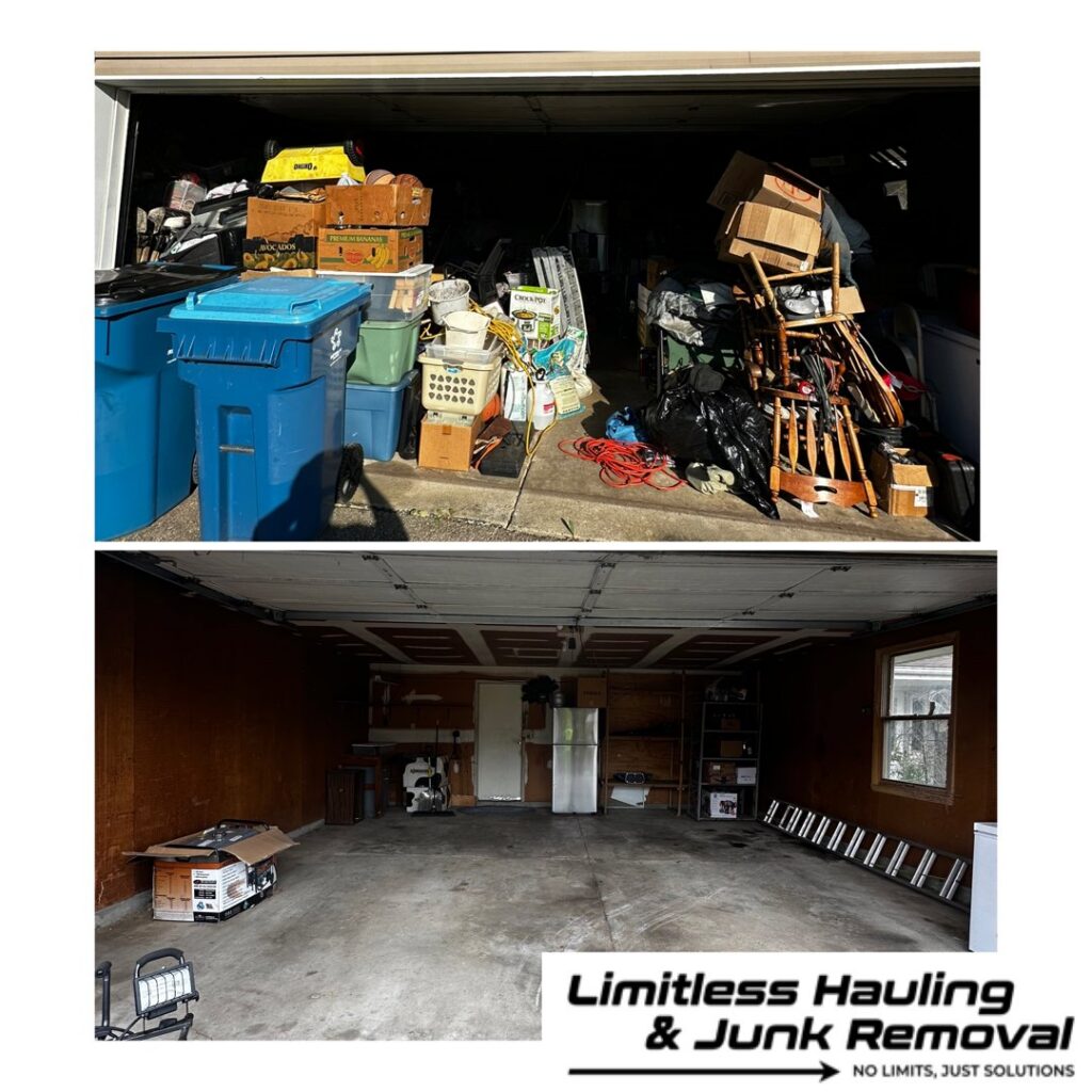 Before and after photo of a garage cleared of junk by Limitless Hauling & Junk Removal in Troy, OH.