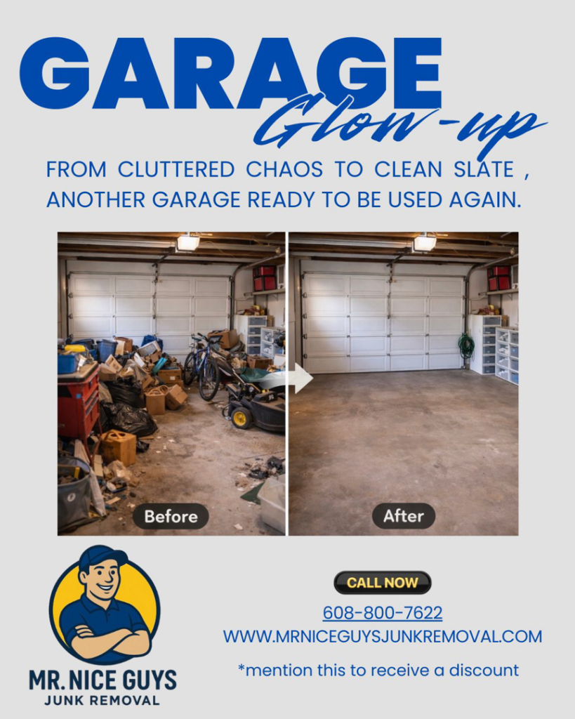 Before and after photos of a garage after junk removal by Mr. Nice Guys Junk Removal in Fitchburg, WI