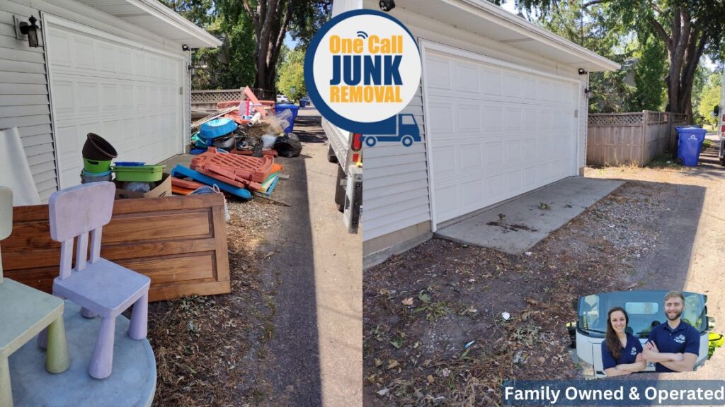 Before and after photo of a garage cleared of various junk items by One Call Junk Removal in Minneapolis, MN