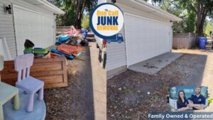 Before and after photo of a garage cleared of various junk items by One Call Junk Removal in Minneapolis, MN