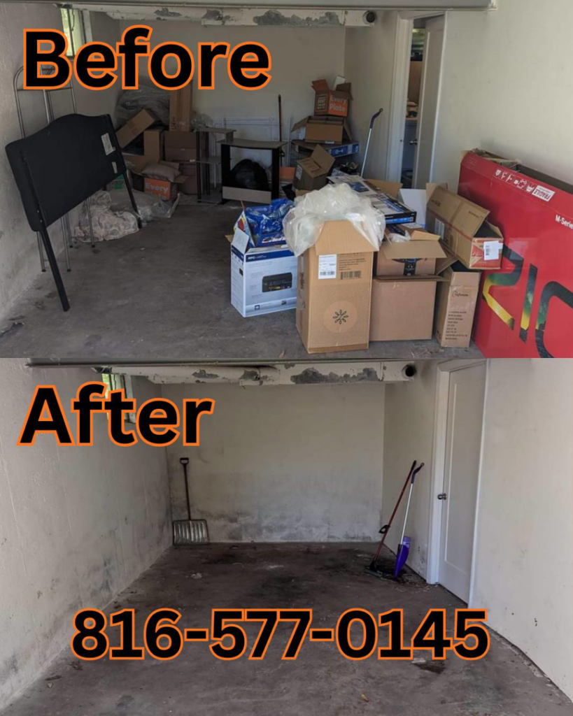 Before and after photo of a garage cleared of boxes and clutter by Rubbish Boyz Removal LLC in Independence, MO.