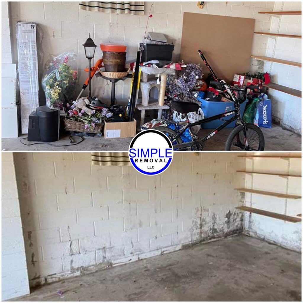 Before and after a garage junk removal service by Simple Removal LLC in Follansbee, WV.