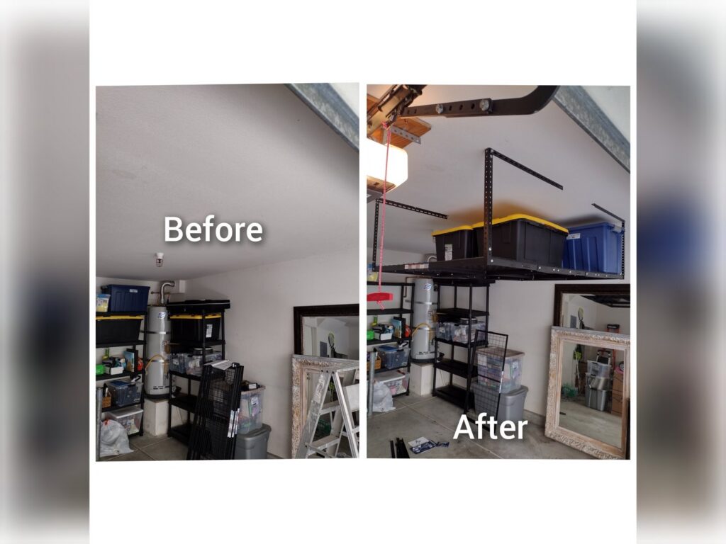 Before and after photos of a garage with new overhead storage racks installed, demonstrating organization services by Handyman SanDiego in San Diego, CA.