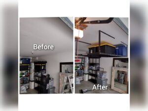 Before and after photos of a garage with new overhead storage racks installed, demonstrating organization services by Handyman SanDiego in San Diego, CA.