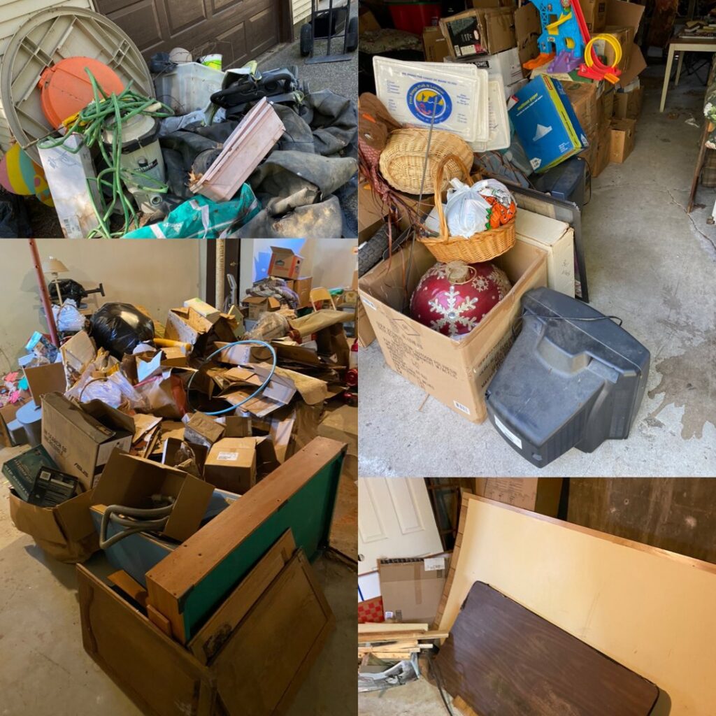 A collage showing various piles of junk and clutter in a garage or storage area, ready for removal by O'Brien Property Services in Clay, NY.