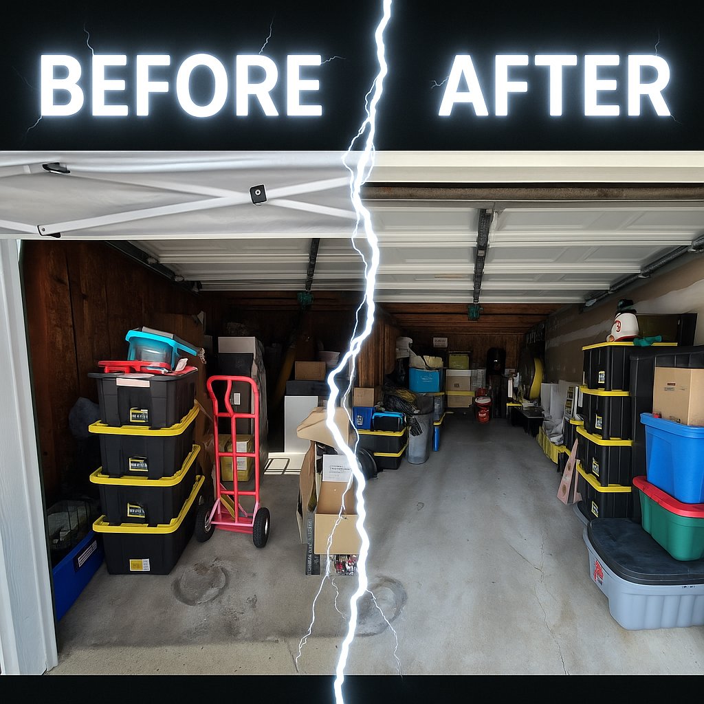 Before and after images of a garage or storage unit cleanout by JOLTZ Junk Removal in Dayton, OH, showing a cluttered space transformed into a clear area.