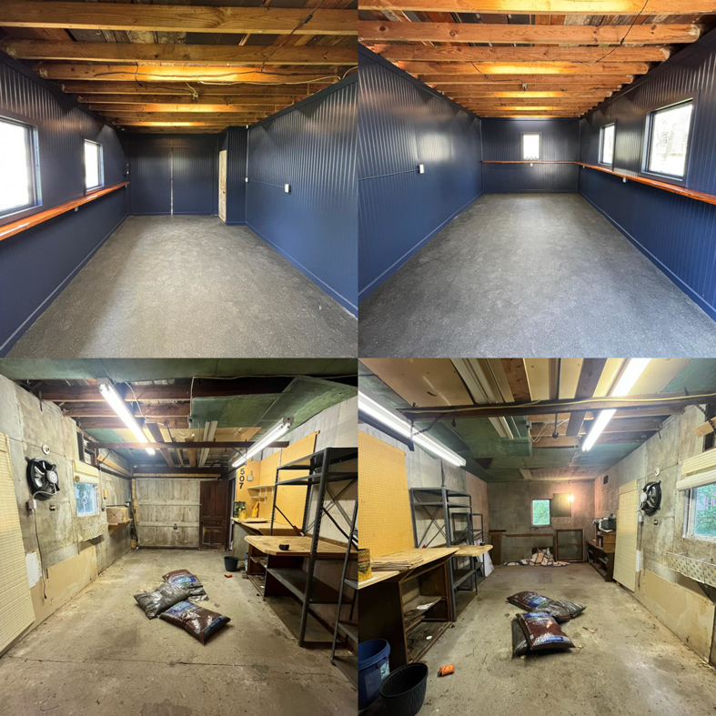 Before and after of a garage workshop renovation completed by Anderson Barlow Contractors LLC in Grand Rapids, MI.