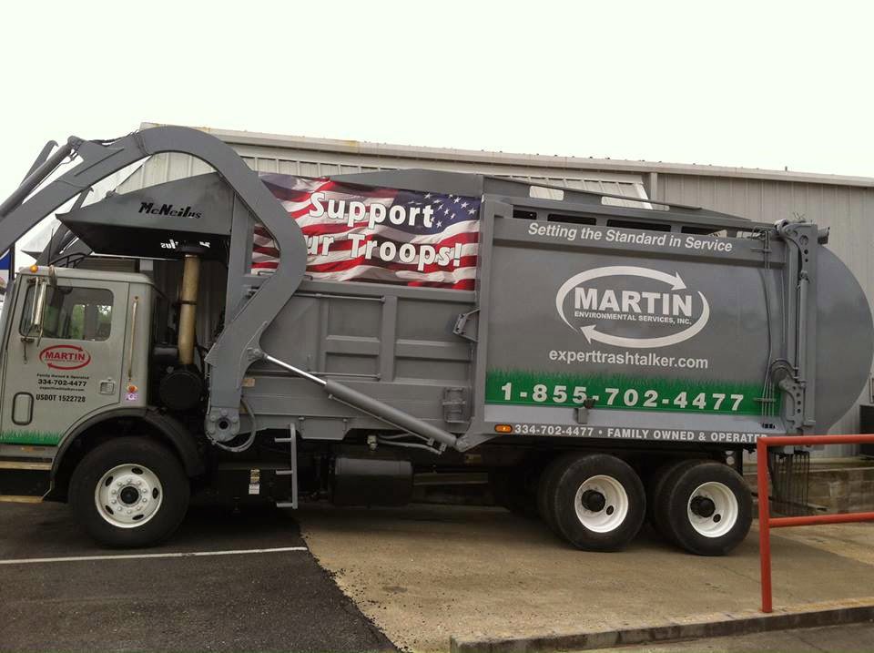 A Martin Environmental garbage truck parked, ready for waste collection in Dothan, AL.