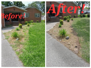 Before and after of a garden bed cleanup and mulching service by Infinity Lawncare & Contracting LLC in Newport News, VA.