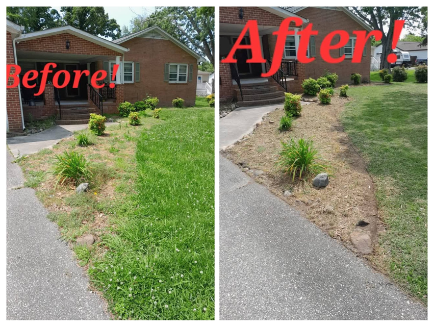 Before and after of a garden bed cleanup and mulching service by Infinity Lawncare & Contracting LLC in Newport News, VA.