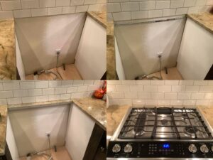 Before, during, and after of a gas range stove installation by Mr. Handyman of Boise, Meridian and Nampa in Nampa, ID.