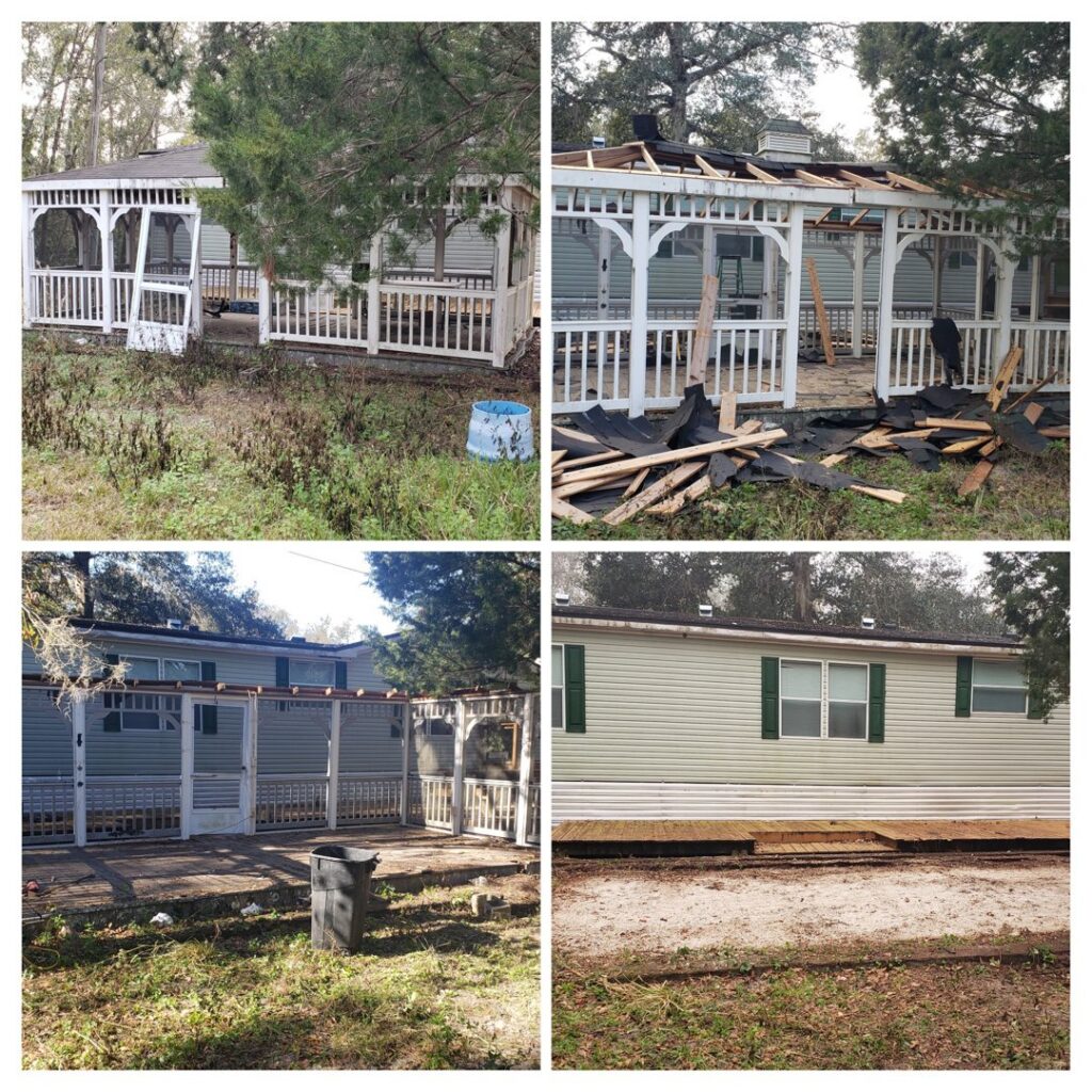 Before and after photos showing the demolition and removal of an old gazebo and patio structure by Junk Fade Away, LLC in Jacksonville, FL.