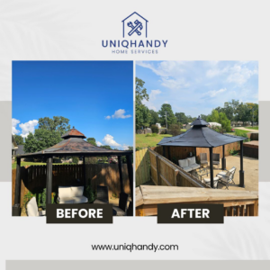 Before and after of a gazebo roof restoration project completed by UniqHandy in Little Rock, AR.