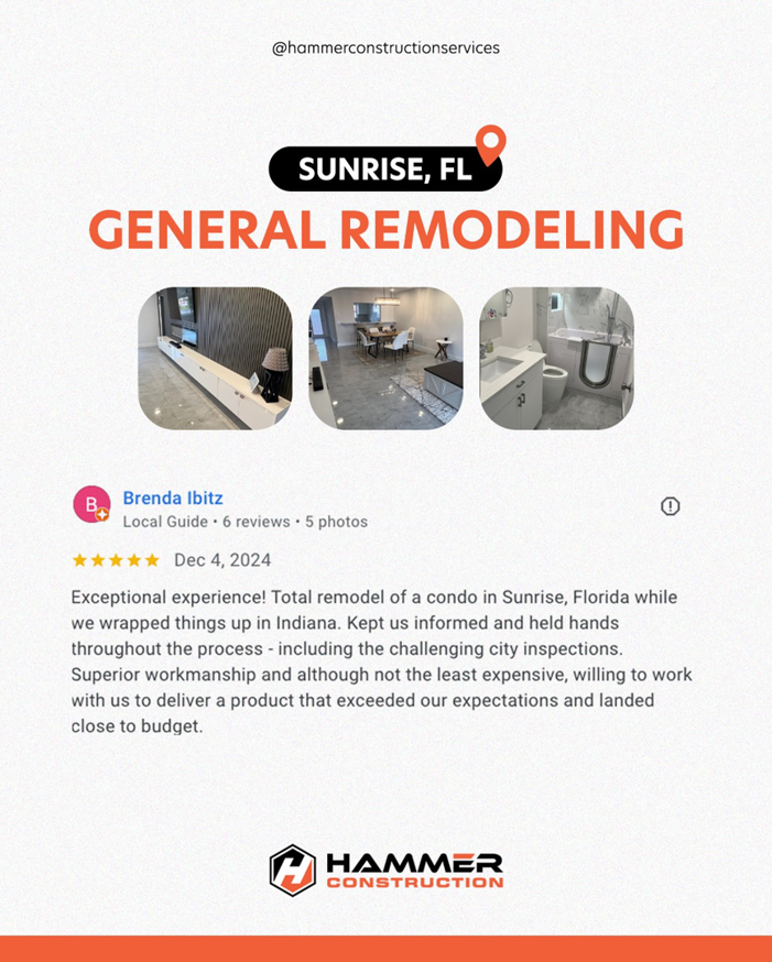 A general remodeling project for a condo in Sunrise, FL, completed by Hammer Construction Services in Boca Raton, FL.