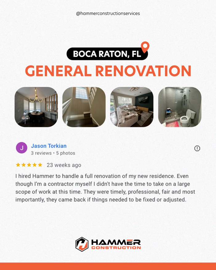 A general renovation project for a residence in Boca Raton, FL, completed by Hammer Construction Services in Boca Raton, FL.