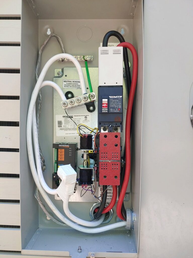 Close-up of generator transfer switch wiring by Carolina Custom Electric in Mount Pleasant, SC.