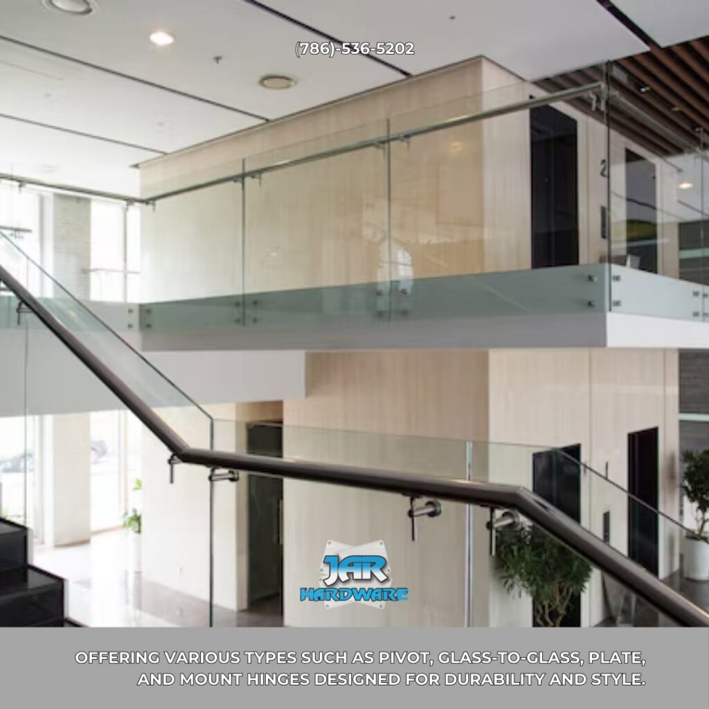 Interior of a modern building showcasing glass railings on a staircase and upper floor installed by Jar Hardware in Hialeah, FL.