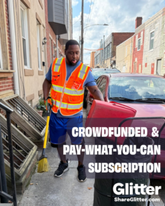A Glitter employee sweeping a sidewalk with a broom and dustpan, performing junk removal in Philadelphia, PA.
