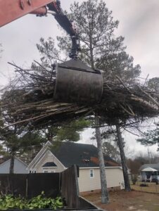 A grapple claw lifting a large bundle of tree branches and brush for debris removal by Tree & Debris Removal Service in Raleigh, NC.