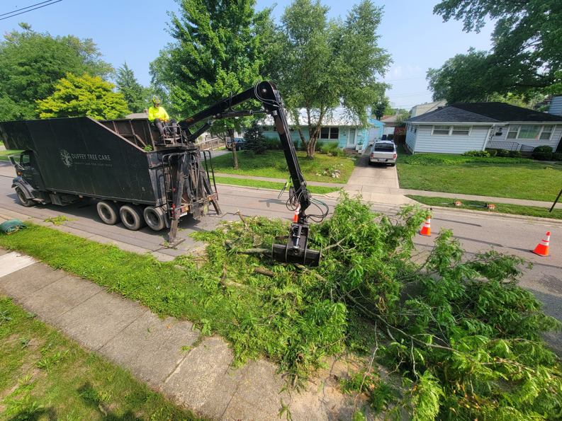 A grapple truck loading cut tree branches into a chipper truck for Duffey Tree Care in Brandon, FL.
