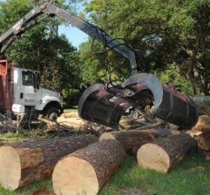 A grapple truck loading large tree logs for removal by Clifford & Sons Tree Service in Mobile, AL