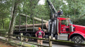 A Mike's Professional Tree Service grapple truck loading large tree logs for removal in Coventry, RI.