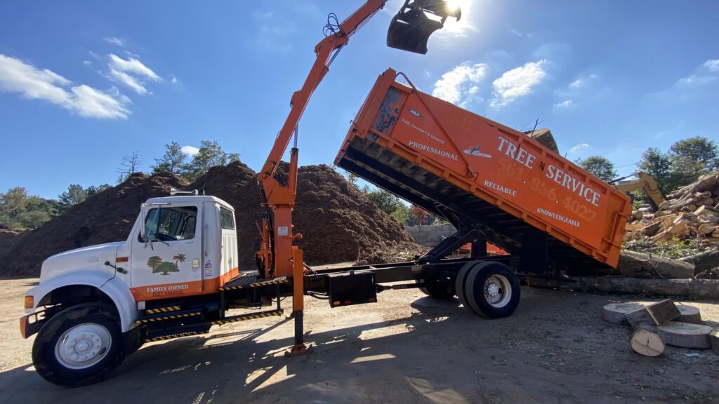 A grapple truck loading tree debris and wood chips into a dump truck for Sergeant tree service in Atlanta, GA