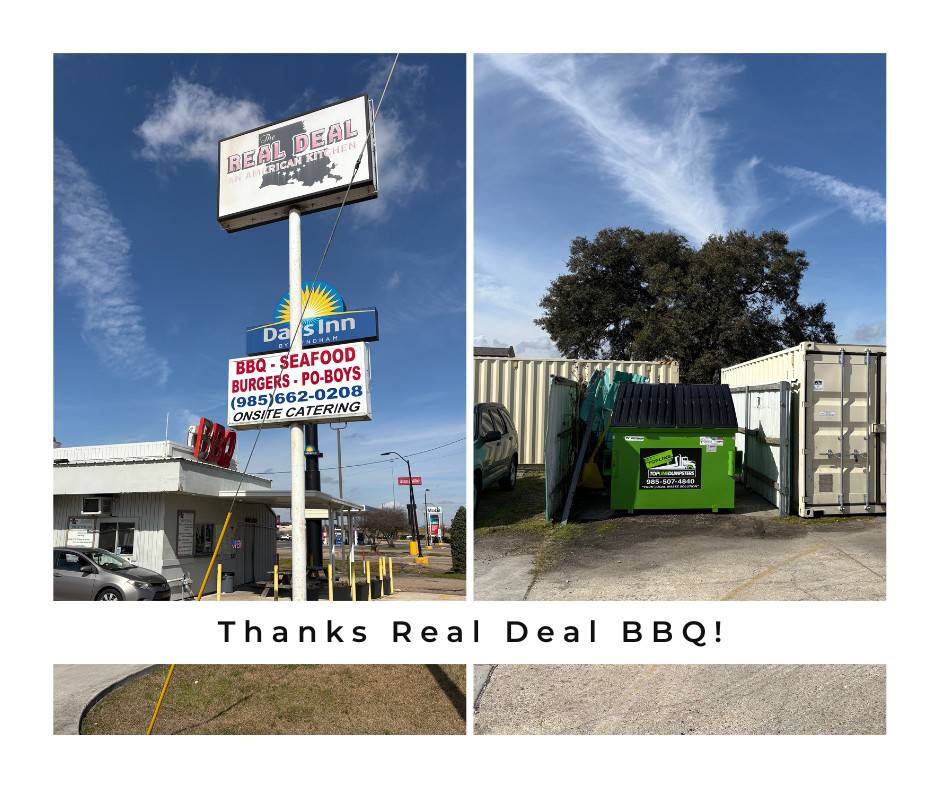 A green dumpster from Top Line Dumpsters LLC placed at Real Deal BBQ for junk removal in Hammond, LA.