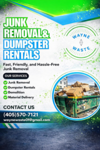 A green dumpster filled with cardboard boxes, representing junk removal services by Wayne Waste, LLC in Moore, OK.