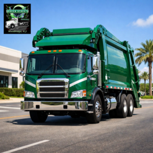 A modern green garbage truck used for waste collection by Green Street Services in Woodbridge Township, NJ.