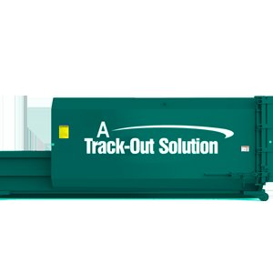 A green waste compactor with the A Track-Out Solution logo, used for junk removal in Las Vegas, NV.