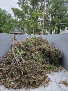 A dump trailer loaded with green waste and tree branches from a service job by Alpha Outdoor Services LLC in Kearney, NE.
