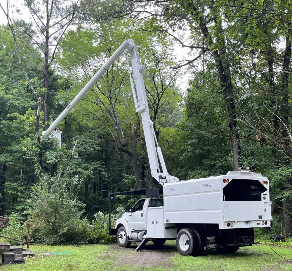 A green wood chipper with a pile of branches ready for processing by Gibbs Tree Service in Seaford, DE.