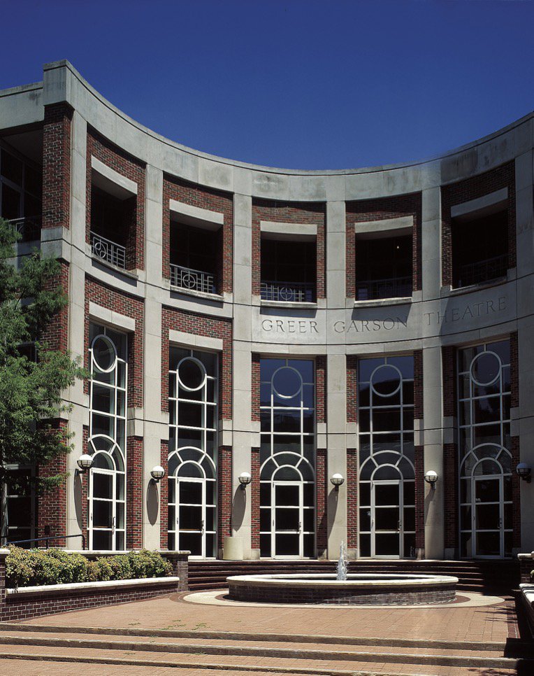 The distinctive curved exterior of the Greer Garson Theatre, a completed project by Dallas Cast Stone in Dallas, TX