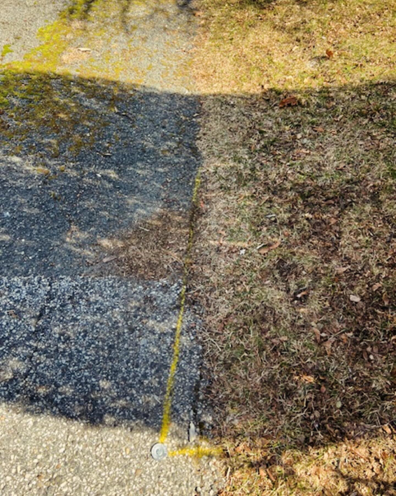 Ground marked with a yellow line on asphalt and grass, indicating preparation for trenching by Blackcap Handyman in Portland, ME.