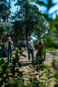 A group of volunteers with shovels participating in a tree planting event for Savannah Tree Foundation in Savannah, GA