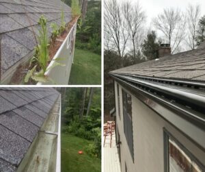 A collage showing before-and-after images of gutter cleaning and new gutter installation with guards by Advanced Seamless Gutters, Inc. in Chicopee, MA.