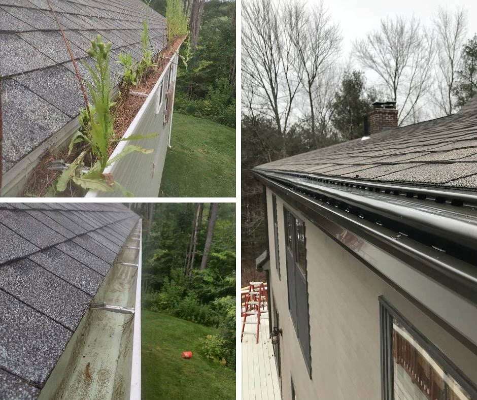 A collage showing before-and-after images of gutter cleaning and new gutter installation with guards by Advanced Seamless Gutters, Inc. in Chicopee, MA.