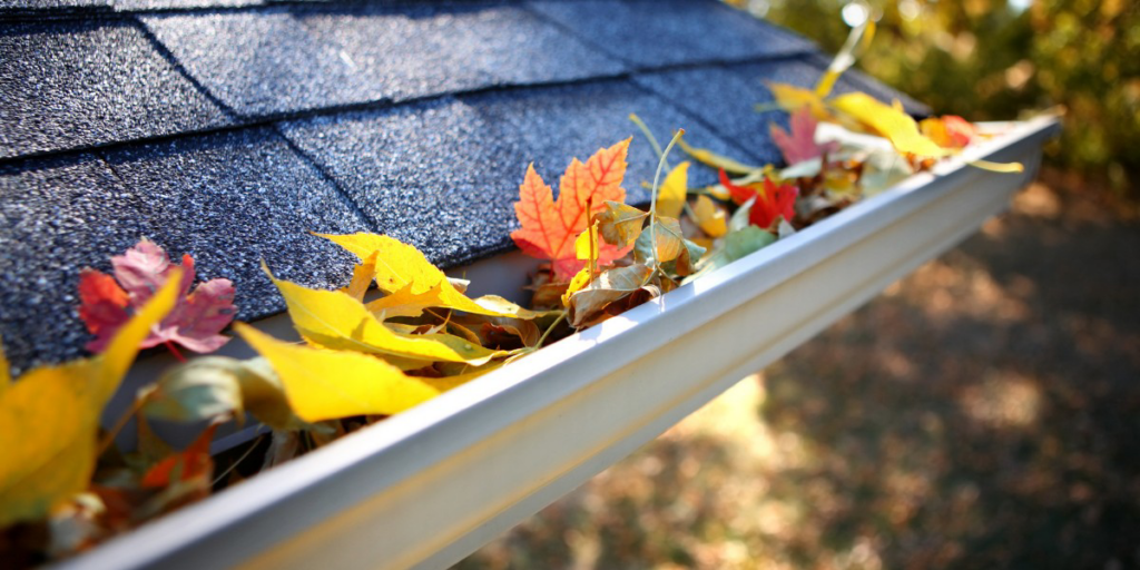 A roof gutter overflowing with colorful autumn leaves, indicating a need for gutter cleaning service from The Handy Man of Evansville in Evansville, IN.