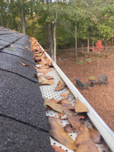 A close-up of a gutter filled with autumn leaves, protected by a gutter guard, cleaned by Monroe Gutter Pros in Charlotte, NC.
