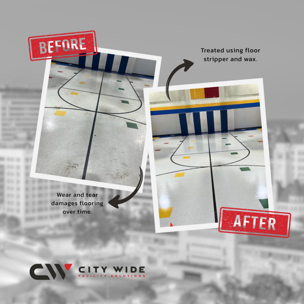 Before and after photos of a gymnasium floor after professional cleaning, stripping, and waxing by City Wide Facility Solutions Wichita, KS.