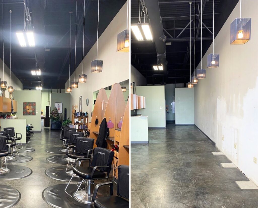 Before and after photos of a hair salon cleanout completed by Fire Dawgs Junk Removal in Bloomington, IN.