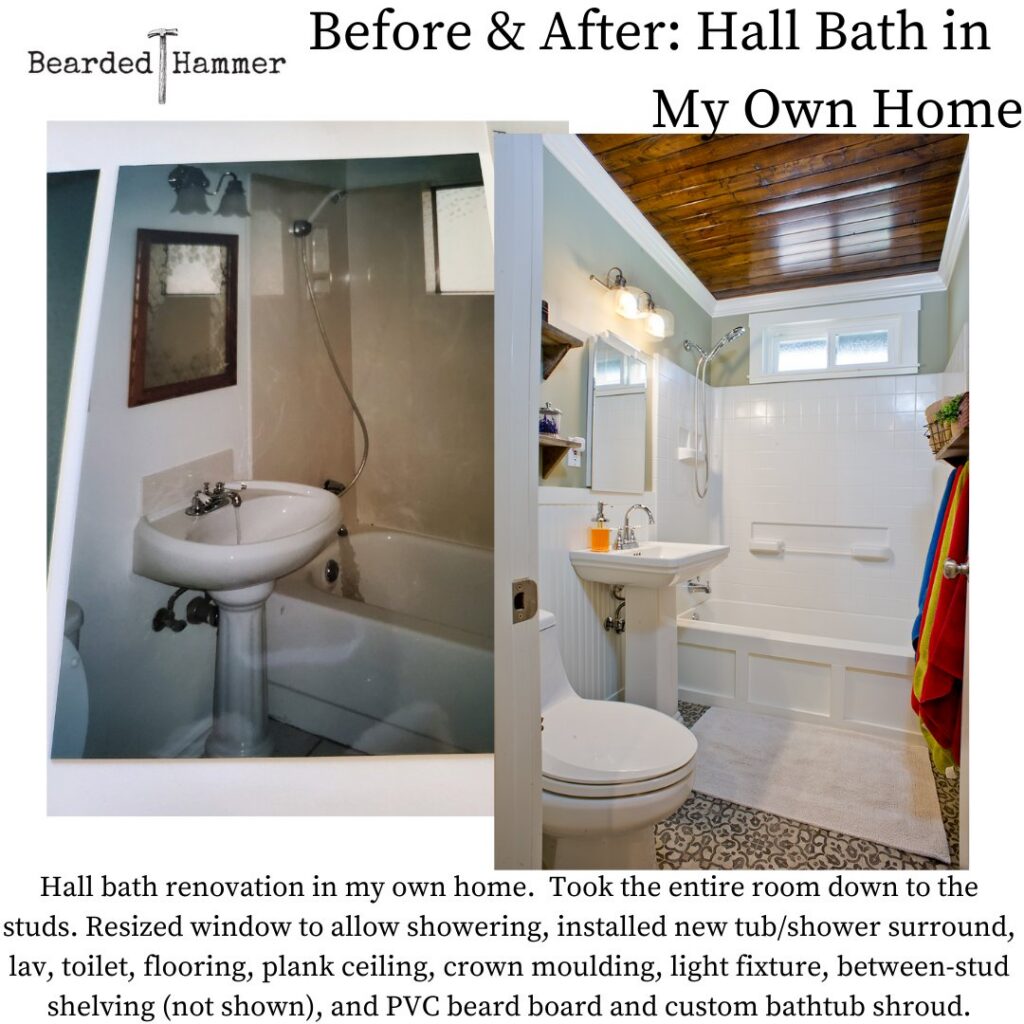 Before and after photos of a comprehensive hall bathroom renovation by Bearded Hammer LLC in Meridian, ID.