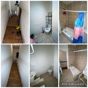 Before and after photos of a hallway and bathroom cleanup and light demolition by JPC Junk Removal & Demolition in Philadelphia, PA.