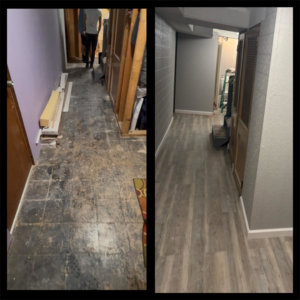 A hallway before and after a complete flooring and wall renovation by Legacy Full Service Contracting LLC in Brackenridge, PA.
