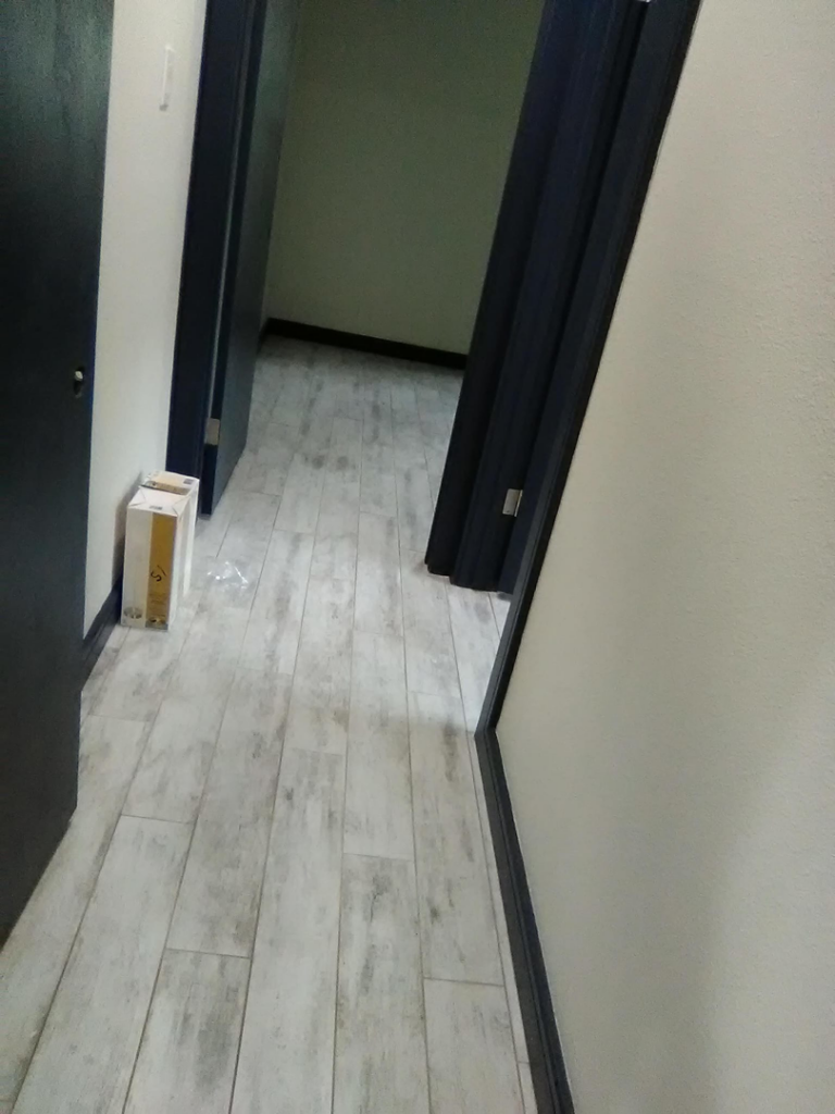 A hallway with newly installed flooring and dark doors by Pro Helping Hands Renovation in Colorado Springs, CO.