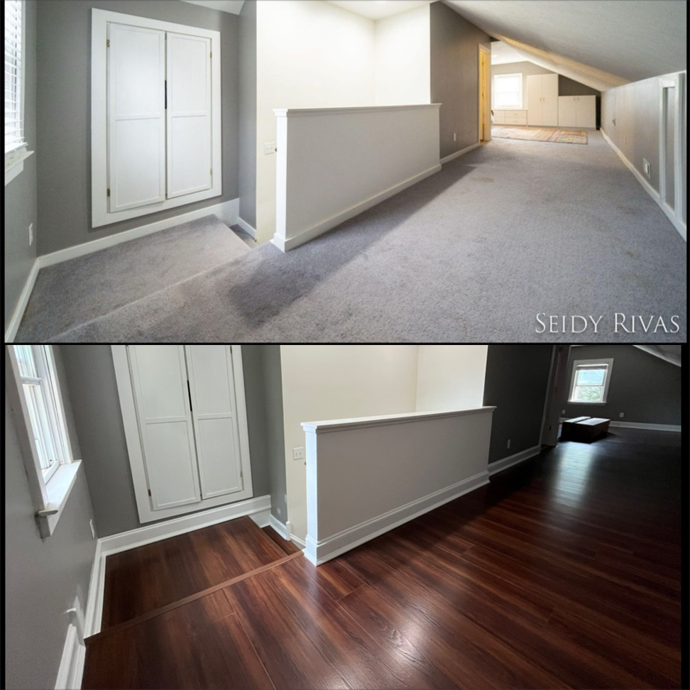 Before and after of a hallway and stair flooring replacement by Anderson Barlow Contractors LLC in Grand Rapids, MI.